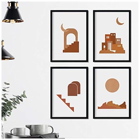 Set Di 4 Stampe Fogli Con Disegni Colorati Basati Sul Marocco Confezione Di Pellicole ""deserto"" Con Tonalità Marroni E Minimalista Senza Cornice A4 - Foto 1
