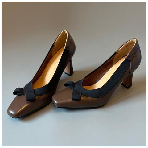 Scarpe Con Tacco Alto 8cm Stile Retro - Décolleté In Pelle Morbida Con Punta Quadrata E Fiocco Brown 40 - Foto 2