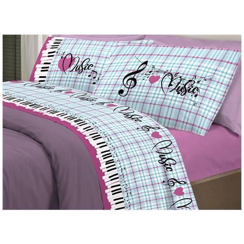 Completo Lenzuola Linea Pensieri Delicati 100% Cotone Disegno Musica Piazza E Mezza Rosa - Foto 1
