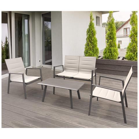 Salotto Da Esterno Giardino 4 Posti Con Struttura In Acciaio E Textilene Con Tavolino Effetto Doghe Kentucky - Darkgrey - Foto 1