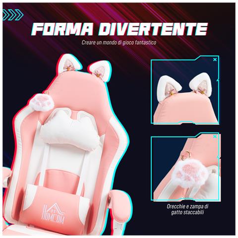 Sedia da Gaming Ergonomica con Orecchie da Gatto, Poggiapiedi, Supporto Lombare e Cervicale, Rosa - Foto 2