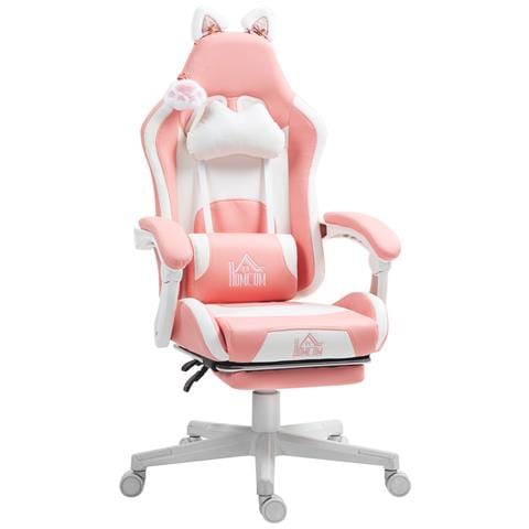Sedia da Gaming Ergonomica con Orecchie da Gatto, Poggiapiedi, Supporto Lombare e Cervicale, Rosa - Foto 1