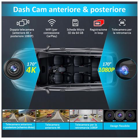 Carplay Schermo Con Auto, 10.26 Pollici Wireless Carplay Android Auto Con Dash Cam 4k E Telecamera Per La Retromarcia 1080p E Scheda Micro Sd Da 64 Gb - Foto 2