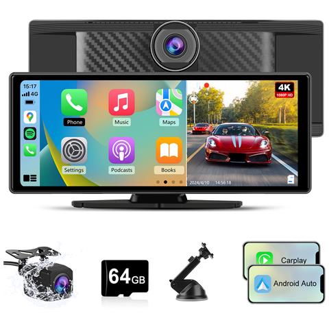 Carplay Schermo Con Auto, 10.26 Pollici Wireless Carplay Android Auto Con Dash Cam 4k E Telecamera Per La Retromarcia 1080p E Scheda Micro Sd Da 64 Gb - Foto 1