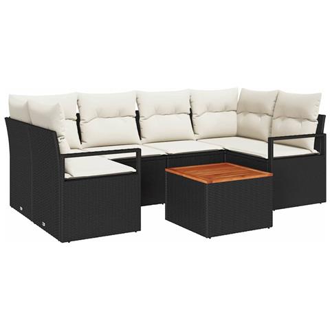 Set di Sofà da Giardino 7 Pezzi con Cuscini Rattan Polyrattan Nero Acacia, Sofà da Giardino 2 Posti con Cuscini Rattan Polyrattan Nero - Foto 1
