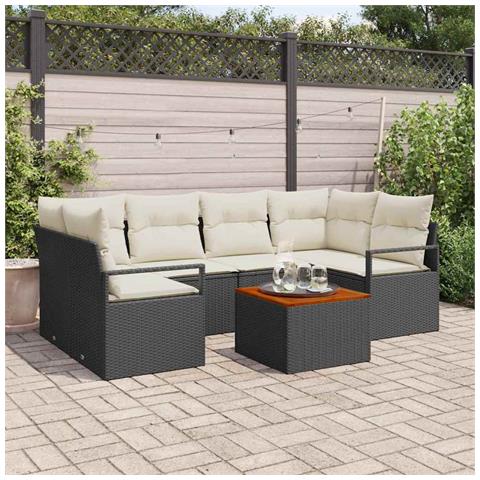 Set di Sofà da Giardino 7 Pezzi con Cuscini Rattan Polyrattan Nero Acacia, Sofà da Giardino 2 Posti con Cuscini Rattan Polyrattan Nero - Foto 2