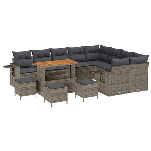 Set Divano da Giardino Modulare da 13 Pezzi con Cuscini Grigio Polyrattan Acacia, Set da Pranzo da Giardino da 4 Pezzi con Cuscini Grigio Polyrattan Acacia - Foto 1