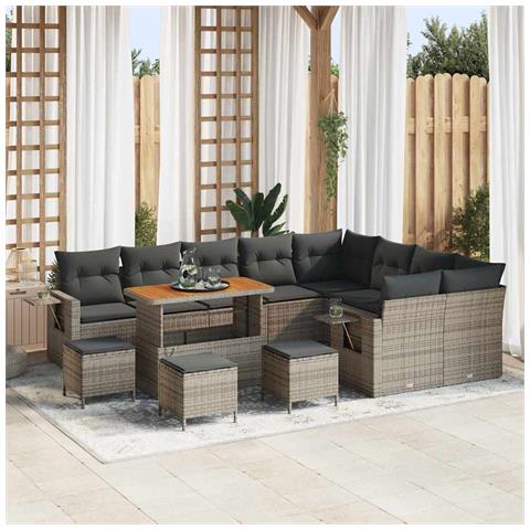 Set Divano da Giardino Modulare da 13 Pezzi con Cuscini Grigio Polyrattan Acacia, Set da Pranzo da Giardino da 4 Pezzi con Cuscini Grigio Polyrattan Acacia - Foto 2