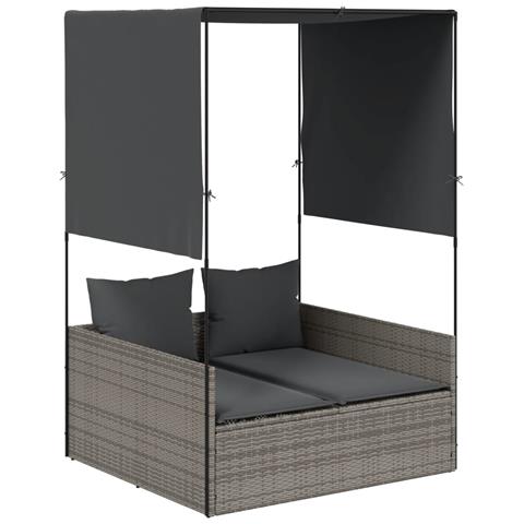 Lettino Prendisole Doppio Tetto e Tende Grigio in Polyrattan - Foto 1