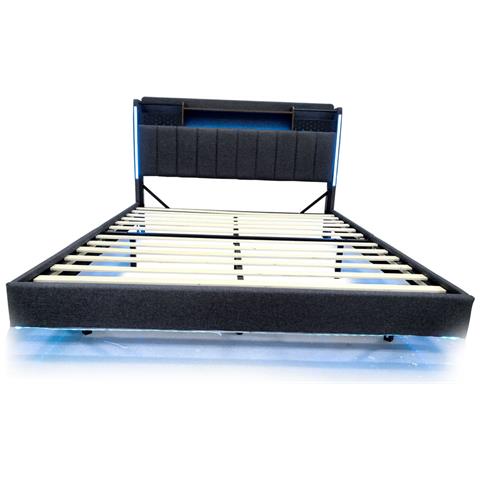 Letto Galleggiante Imbottito 160x200cm, Letto Per Bambini Con Illuminazione A Led E Presa Usb, Testata Con Contenitore, Letto Per Adulti, Tessuto Di Lino, Grigio, Senza Materasso - Foto 2