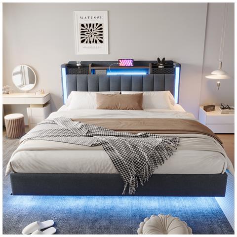 Letto Galleggiante Imbottito 160x200cm, Letto Per Bambini Con Illuminazione A Led E Presa Usb, Testata Con Contenitore, Letto Per Adulti, Tessuto Di Lino, Grigio, Senza Materasso - Foto 1