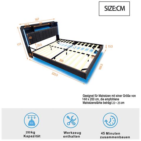 Letto Galleggiante Imbottito 160x200cm, Letto Per Bambini Con Illuminazione A Led E Presa Usb, Testata Con Contenitore, Letto Per Adulti, Tessuto Di Lino, Grigio, Senza Materasso - Foto 4