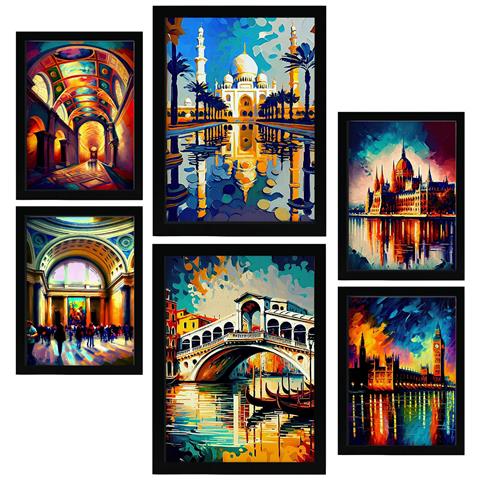 Set Di 6 Stampe Fiume In Stile Dipinto A Olio. Illustrazioni Di Monumenti E Città In Stile Fotografico A Colori. A3 & A4 Cornice Nera - Foto 1