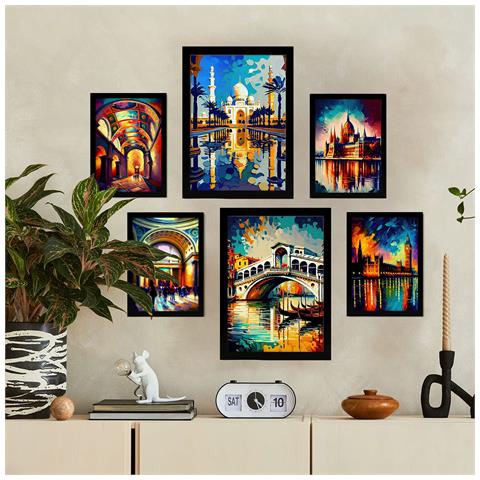 Set Di 6 Stampe Fiume In Stile Dipinto A Olio. Illustrazioni Di Monumenti E Città In Stile Fotografico A Colori. A3 & A4 Cornice Nera - Foto 5