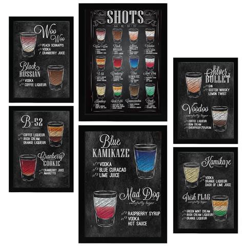 Set Di 6 Stampe Shots Illustrazioni A Colori Di Caffè E Bevande In Cartelloni Pubblicitari Per La Casa A3 & A4 Cornice Nera - Foto 1