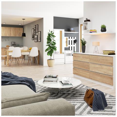 Cassettiera K160, 6 cassetti, 160x40x77 cm, Colore Bianco e Sonoma Quercia - Foto 5