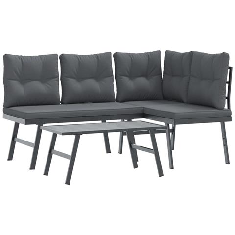 Set Panche Giardino Cuscini 3pz Nere Acciaio Verniciato Polvere - Foto 1