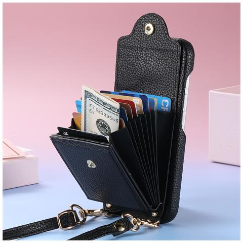 Custodia In Pelle Pu Nera Compatibile Con Iphone 12 Mini Con Porta Carte A Fisarmonica, Specchio E Tracolla   Modello 20 - Foto 6