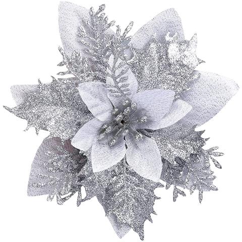 Fiori Di Natale Artificiali In Argento Confezione Da 5 Decorazioni Natalizie - Foto 10