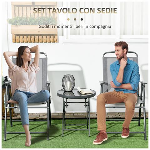 Set Da Giardino 3 Pezzi Con 2 Sedie 53.5x64x93 Cm E Tavolino Da Caffè Ø45x50 Cm, In Metallo, Grigio Chiaro - Foto 6