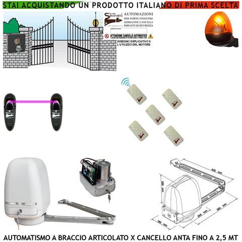 Automazione Cancello Motore A Braccio Articolato 220/24 V Anta Battente Da 0,5 A 2,5 Mt Centrale 5 Radiocomandi Faro S - Foto 1