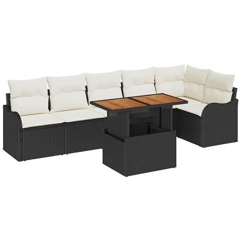 Set di Divani da Giardino  7 Pezzi con Cuscini Nero Polyrattan Acacia, Divano da Giardino  2 Posti con Cuscini Nero Polyrattan - Foto 1