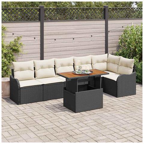 Set di Divani da Giardino  7 Pezzi con Cuscini Nero Polyrattan Acacia, Divano da Giardino  2 Posti con Cuscini Nero Polyrattan - Foto 2