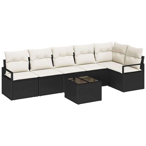 Set divano da giardino  6 pezzi con cuscini in polyrattan marrone, Divano da giardino  a due posti con cuscini in polyrattan nero - Foto 1