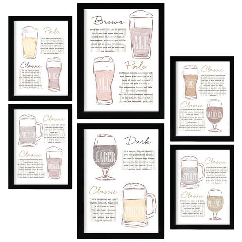 Set Di 6 Stampe Tipi Di Birra Illustrazioni A Colori Di Caffè E Bevande In Cartelloni Pubblicitari Illustrazioni Per La Casa A3 & A4 Cornice Nera - Foto 1
