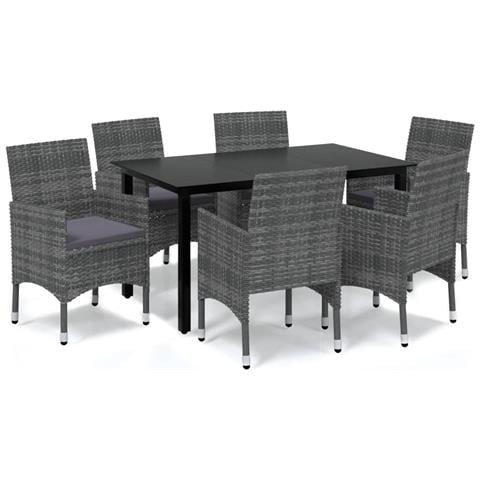 Set Da Pranzo Per Giardino 7 Pz Con Cuscini Polyrattan Grigio - Foto 1