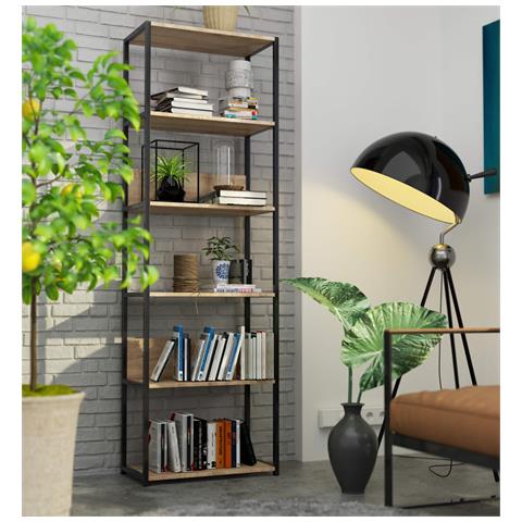 Scaffale stile loft con ripiani in legno, 6 ripiani, 60x32x192 cm, Colore Nero e Quarcia Sonoma - Foto 5