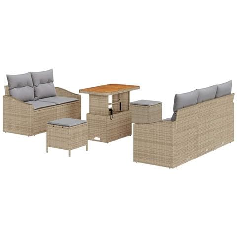 Set di Sofa da Giardino 8 Pezzi con Cuscini Beige Polyrattan Acacia, Sofa da Giardino 2 Posti con Cuscini Beige Polyrattan, Set da Pranzo da Giardino 3 Pezzi con Cuscini Beige Polyrattan Acacia - Foto 1