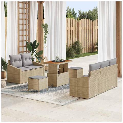 Set di Sofa da Giardino 8 Pezzi con Cuscini Beige Polyrattan Acacia, Sofa da Giardino 2 Posti con Cuscini Beige Polyrattan, Set da Pranzo da Giardino 3 Pezzi con Cuscini Beige Polyrattan Acacia - Foto 2