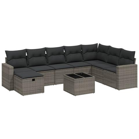 Set Divano da Giardino 9 pz con Cuscini Grigio in Polyrattan - Foto 1