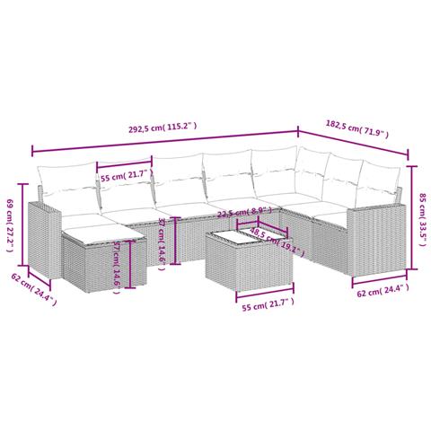 Set Divano da Giardino 9 pz con Cuscini Grigio in Polyrattan - Foto 4