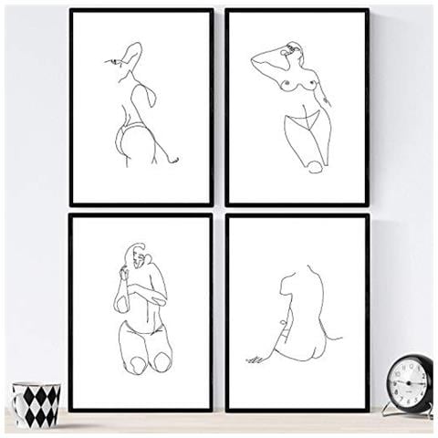 Set Di 4 Stampe Lamini Di Disegni E Schizzi A Una Linea Donna Nuda Poster Nordico Dei Volti Nudi Corpi Al Naturale Tavolo Cornice Nera A3 - Foto 1