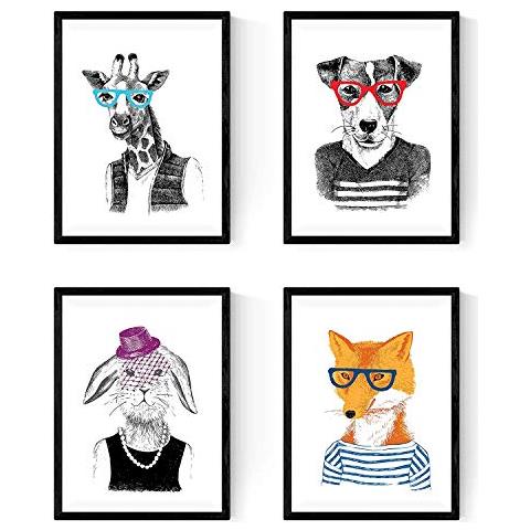 Set Di 4 Stampe Quattro Hipsters Animali. Per Inquadrare I Manifesti Con Immagini Di Animali Senza Cornice A3 - Foto 1