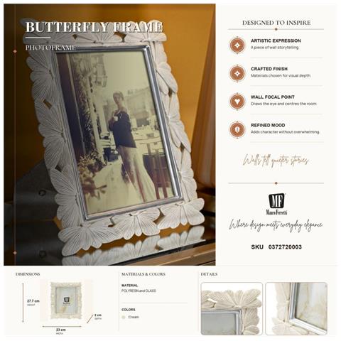Cornice Portafoto Butterfly In Resina Crema Con Farfalle E Profili Argento 15x20 - Foto 7