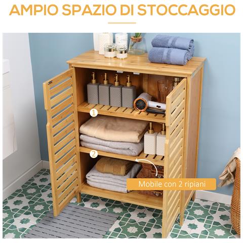 Mobile Bagno Moderno A 2 Ante Con 2 Ripiani Ventilati In Bambù, 68x32x86 Cm, Color Legno - Foto 6