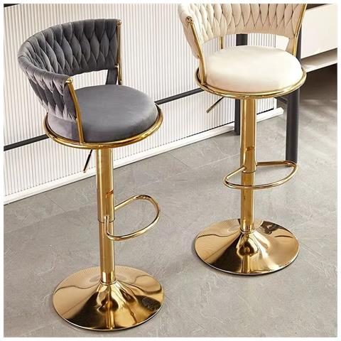 Set 2 Sgabelli Cucina Bar Schienale Intrecciato In Velluto Grigio Struttura Oro - Foto 2
