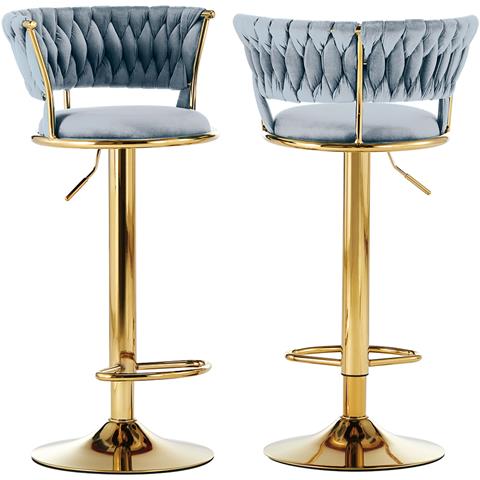 Set 2 Sgabelli Cucina Bar Schienale Intrecciato In Velluto Grigio Struttura Oro - Foto 1