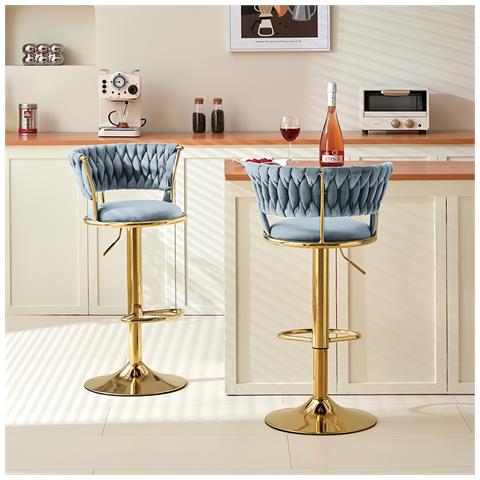 Set 2 Sgabelli Cucina Bar Schienale Intrecciato In Velluto Grigio Struttura Oro - Foto 5