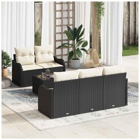 Set Divano da Giardino 6 Pezzi con Cuscini in Polyrattan Nero, Divano da Giardino 2 Posti con Scorta & Cuscini in Polyrattan Nero - Foto 2