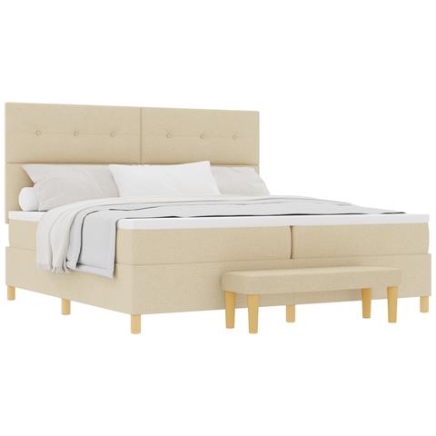 Letto Box Spring con Materasso e Panchetta Crema 200x200 cm Tessuto - Foto 1