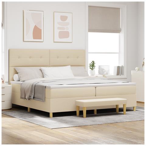 Letto Box Spring con Materasso e Panchetta Crema 200x200 cm Tessuto - Foto 2