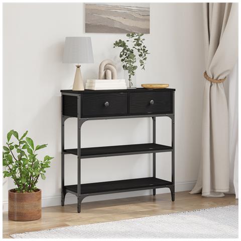 Tavolino Nero Rovere 72,5x25x75 cm Legno ingegnerizzato & Acciaio - Foto 2