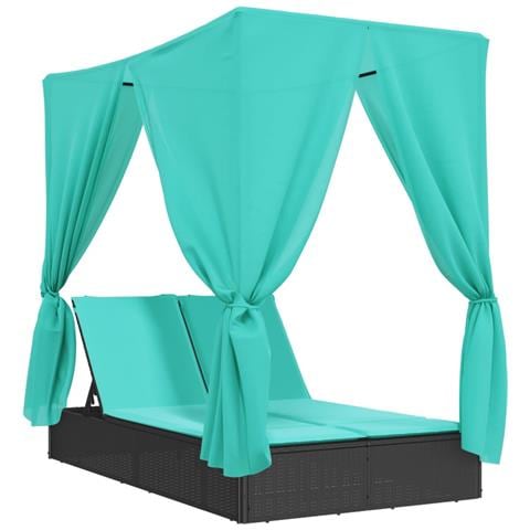 Lettino Prendisole con Tetto e Tende Nero in Polyrattan - Foto 1