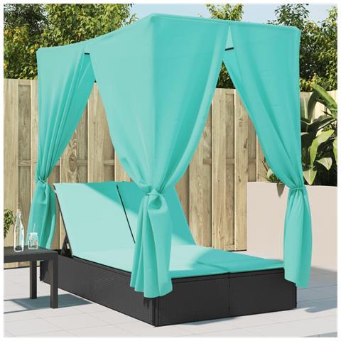 Lettino Prendisole con Tetto e Tende Nero in Polyrattan - Foto 2
