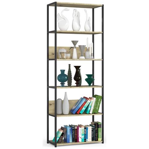Scaffale stile loft con ripiani in legno, 6 ripiani, 70x32x192 cm, Colore Nero e Quarcia Artisan - Foto 1