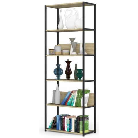 Scaffale stile loft con ripiani in legno, 6 ripiani, 70x32x192 cm, Colore Nero e Quarcia Artisan - Foto 2